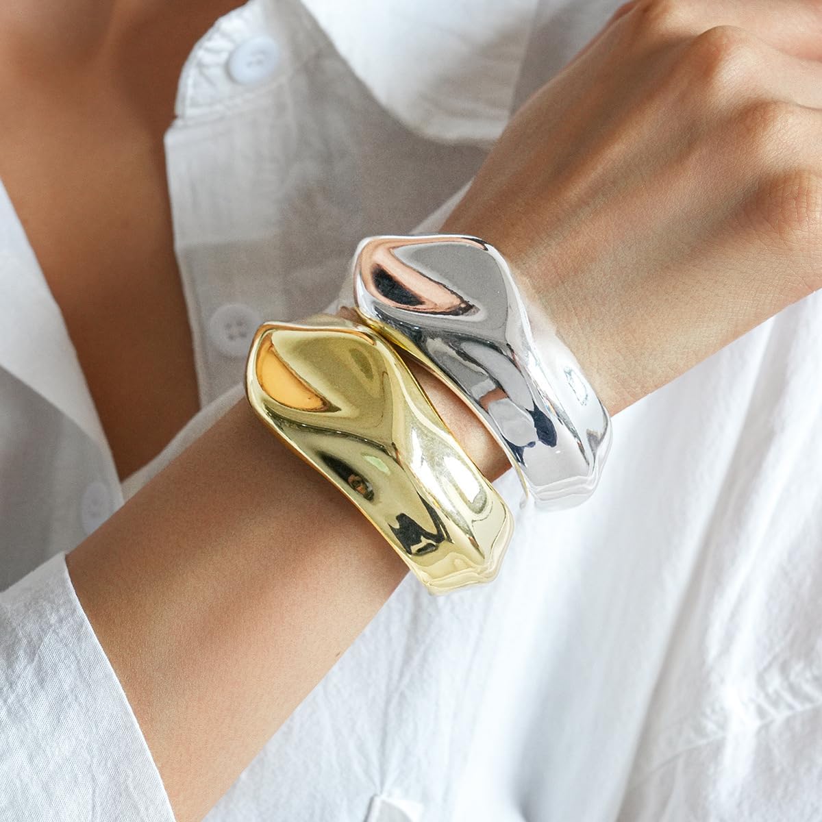 Chunky Gold Cuff Bangle Bracelets Polished Pleated Irregular Bracelet Geometric Opening Adjustable Bracelet Trendy Wide Stacking Bangle Fashion Jewelry Accessories for Women - Image 7