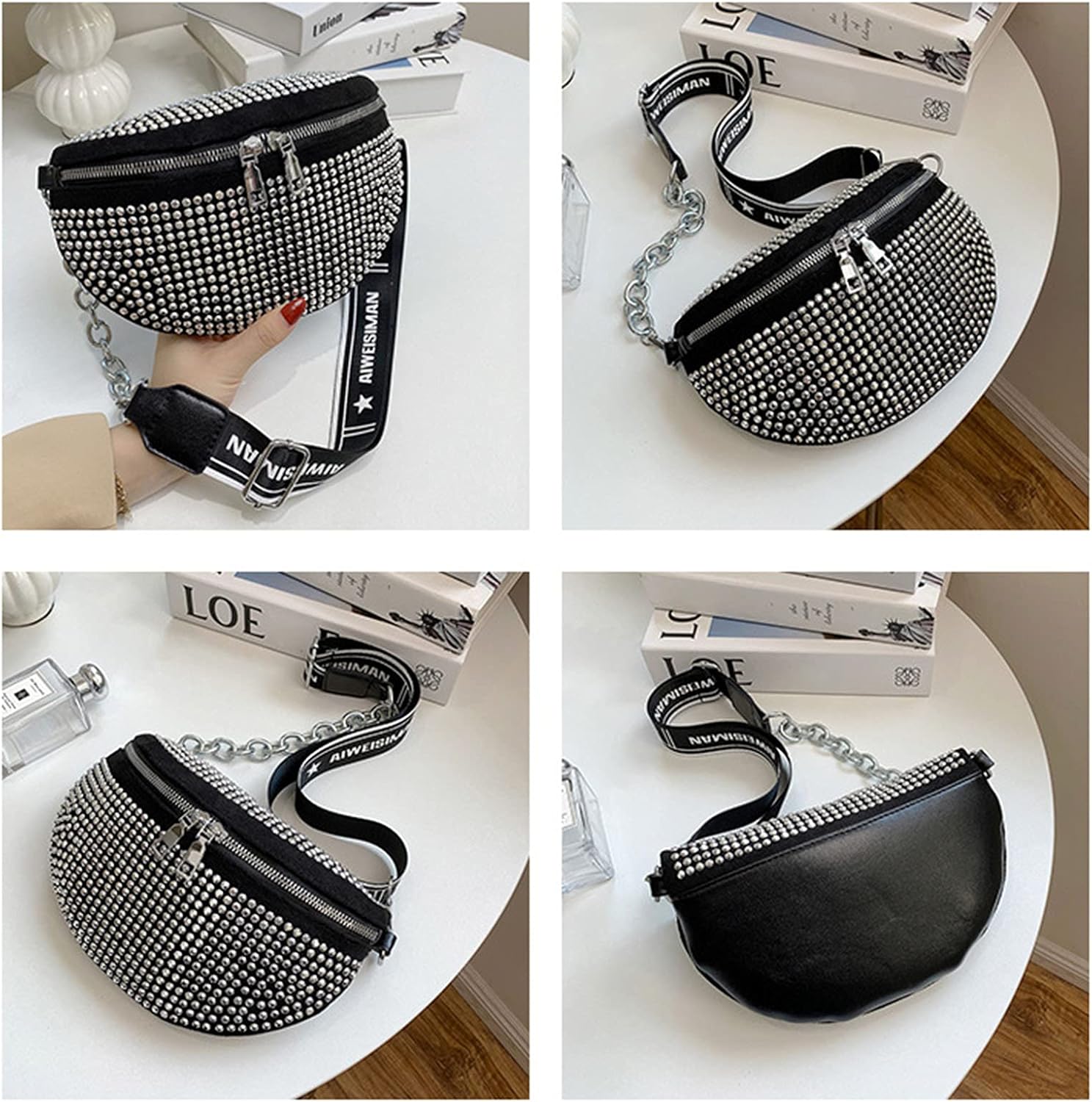 Sparkly Rhinestone Fanny Pack Belt Bags Crossbody Bag Waist Pouch Crossbody Purse Rhinestone for Women Club Party Beach Travel (Black) - Image 8