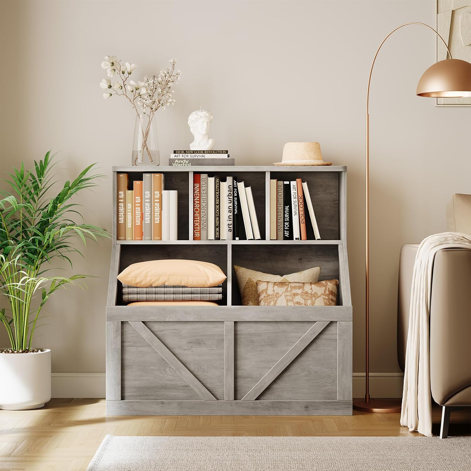 IDEALHOUSE Kids Bookshelf and Toy Storage, Toy Storage Organizer, Toy Organizer with Storage Cabinet and Toy Shelf, Toddler Book Shelf for Kids Rooms, Playroom, Bedroom, Nursery, Daycare, Washed Grey