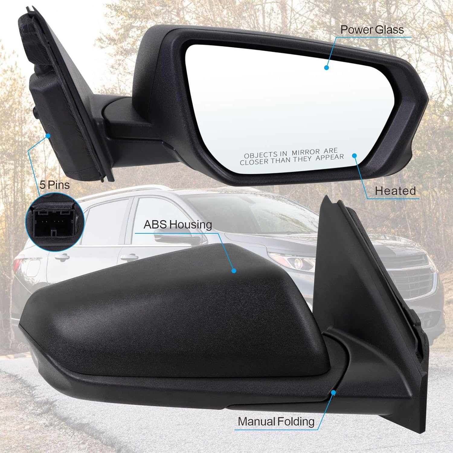 Right Passenger Side Mirror Compatible With 2018 2019 2020 2021 2022 2023 2024 Chevy Equinox With Manual Folding Power Glass Heated Matte Black Replace#84225383(5Pins)