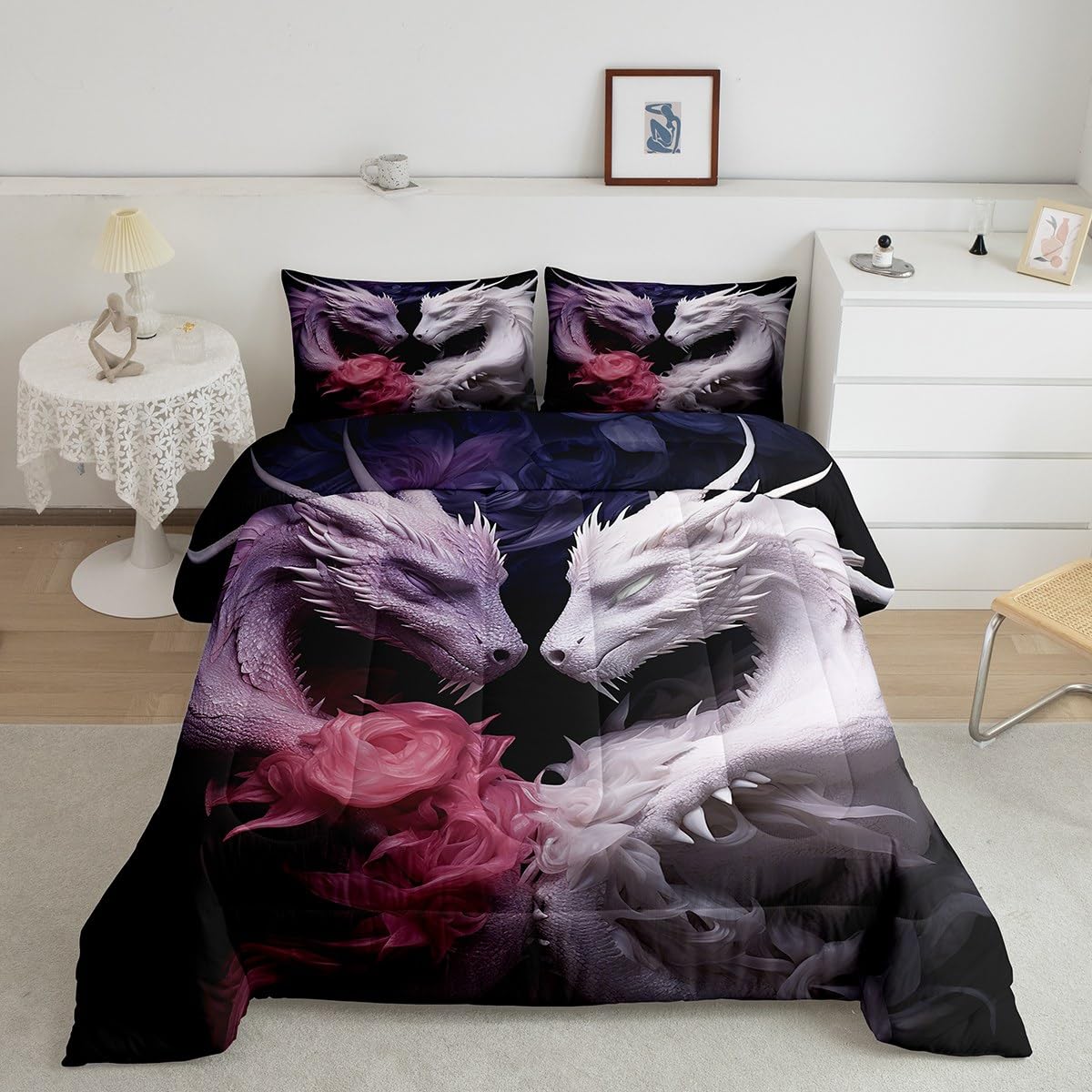 Castle Fairy Dragon Pattern Comforter Set,Purple White Dragon Bedding Set for Kids Girls Women,Adults Couple Dragon Comforter,Flowers Quilted Duvet Set Bedroom Collection Twin Size 2Pcs