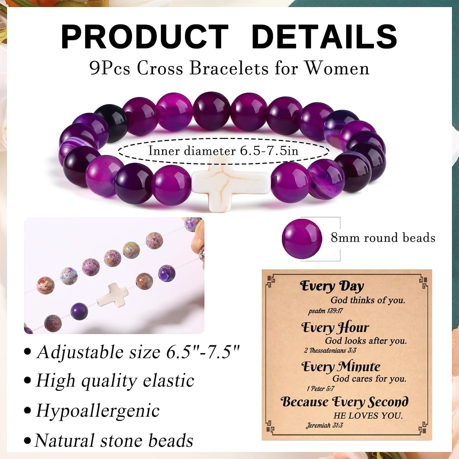MOZAKA 9PCS Cross Beaded Bracelets for Women, Inspirational Natural Gemstone Heart Bracelets Jewelry Gifts - Image 3