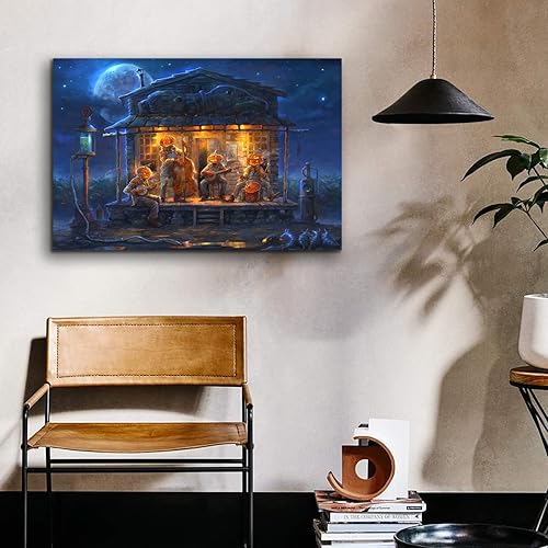 Miniatura 4 de ZKBX - Decoraciones de Halloween, arte de pared de calabaza, pintura de fiesta musical, imagen de pared de noche azul, impresión en lienzo HD,