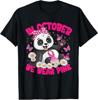 in October We Wear Pink Breast Cancer Awareness Panda Bow T-Shirt