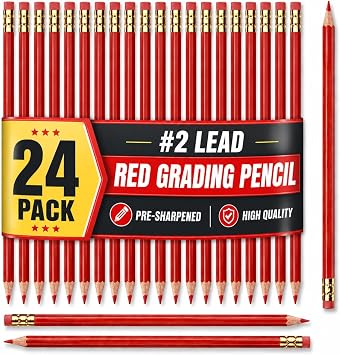 1InTheOffice Red Grading Pencils #2 Lead, Red Pre Sharpened Checking Pencils With Erser 24 Pack