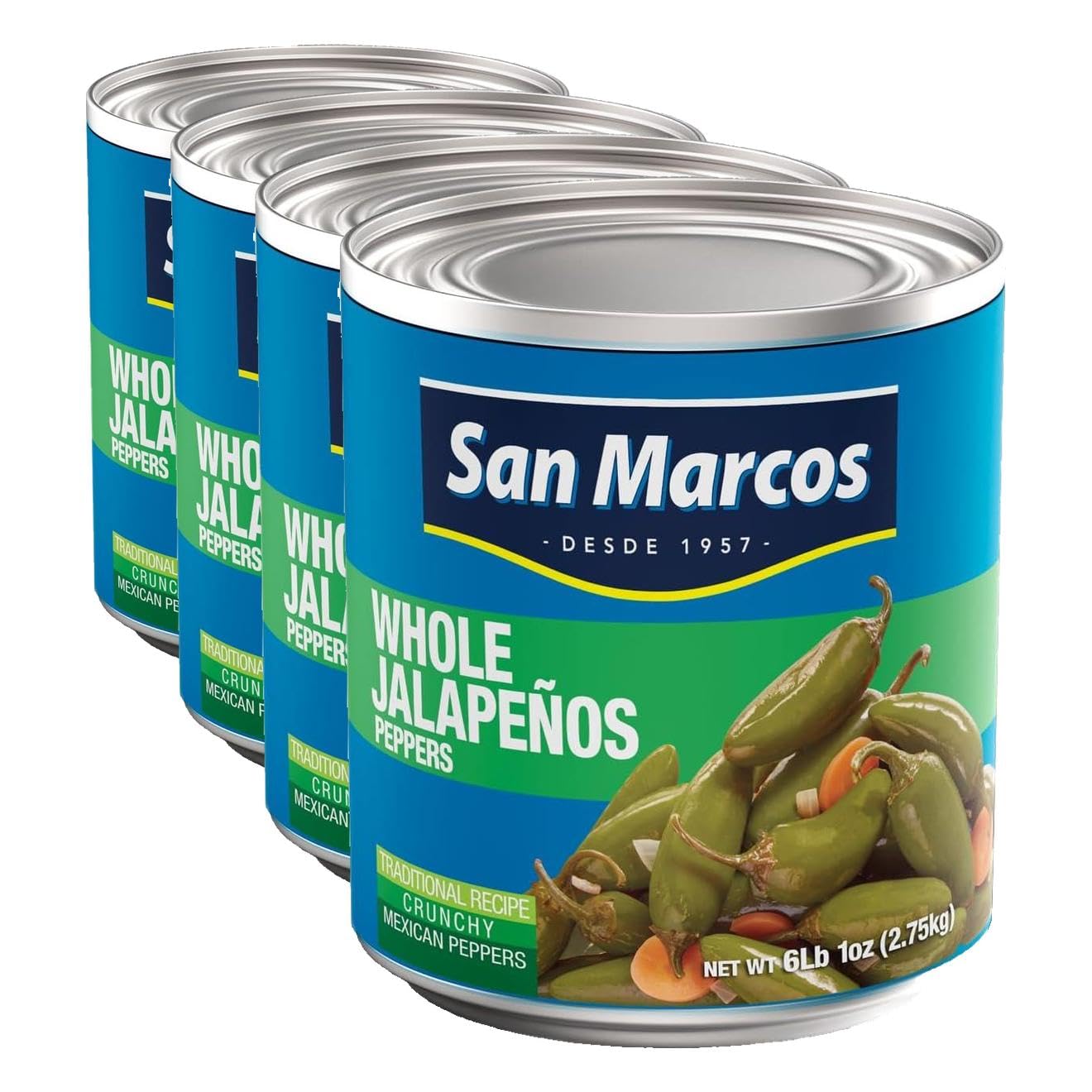 San Marcos Whole Jalapenos, 6 Lb, 97 oz, Carefully handpicked Whole Jalapeños Peppers (Pack of 4)