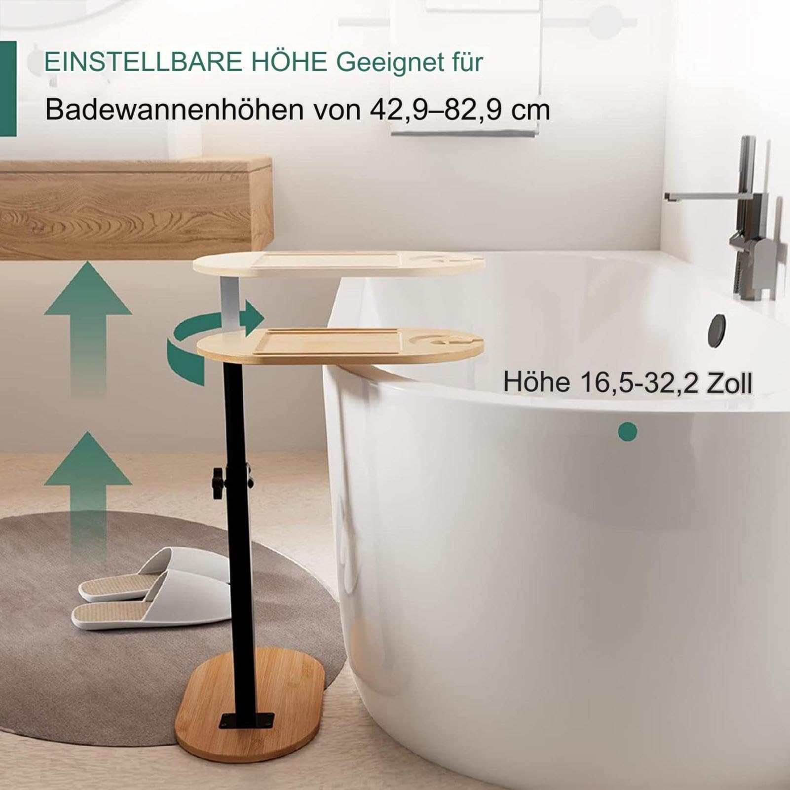Badewannen-Stehtablett-Tisch,Badewannen-Tablett-Tischständer,-Tisch freistehend mit Verstellbarer Höhe | Badewannen-Beistelltisch, Rutschfester Badezimmer-Badewannen-Organizer für Bett, Couch