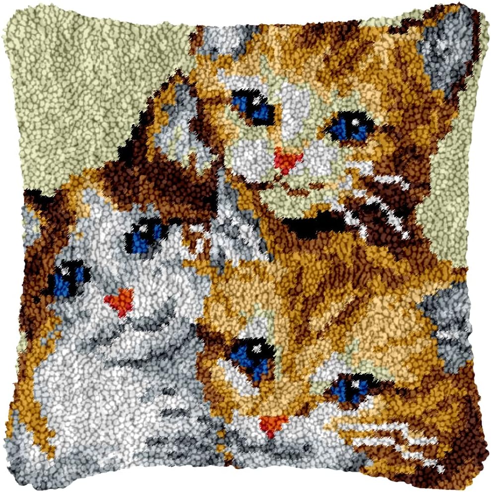 Yglnden Latch Hook Kit Pillow DIY Throw Cover Crochet Needlework Printed Canvas Decor for Adults (Cat:43x43cm/17 X17)