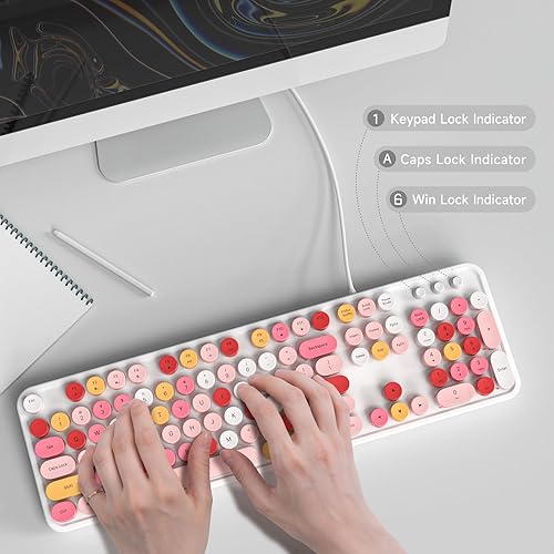 Miniatura 4 de Teclado de computadora con cable, teclado retro de máquina de escribir de tamaño completo con teclas redondas, teclado USB plug and play para PC,