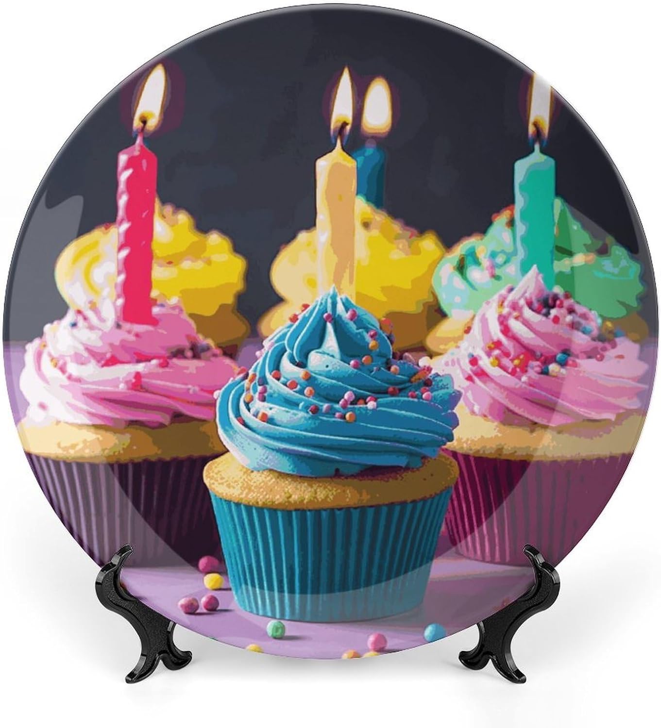 Colorful Happy Birthday Cupcakes Bone China Decorative Plate with Display Stand, Ceramic Ornaments Plate for Wall Hanging, Personalized Porcelain Plates for Office, Living Room 8inch