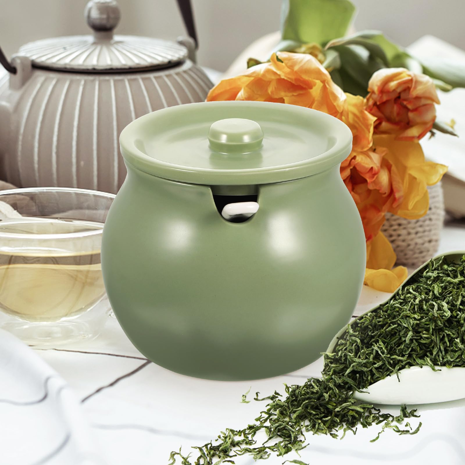 Contenitore in Ceramica per Olio Piccante con Coperchio Rimovibile e Cucchiaio, Capacità Grande, Resistente e Antipolvere, per Cucina e Buffet