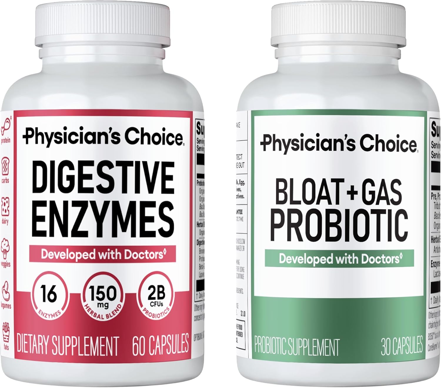 Physician's CHOICE Bloat Bundle: Bloat & Gas Probiotic 30ct + Digestive Enzymes 60ct