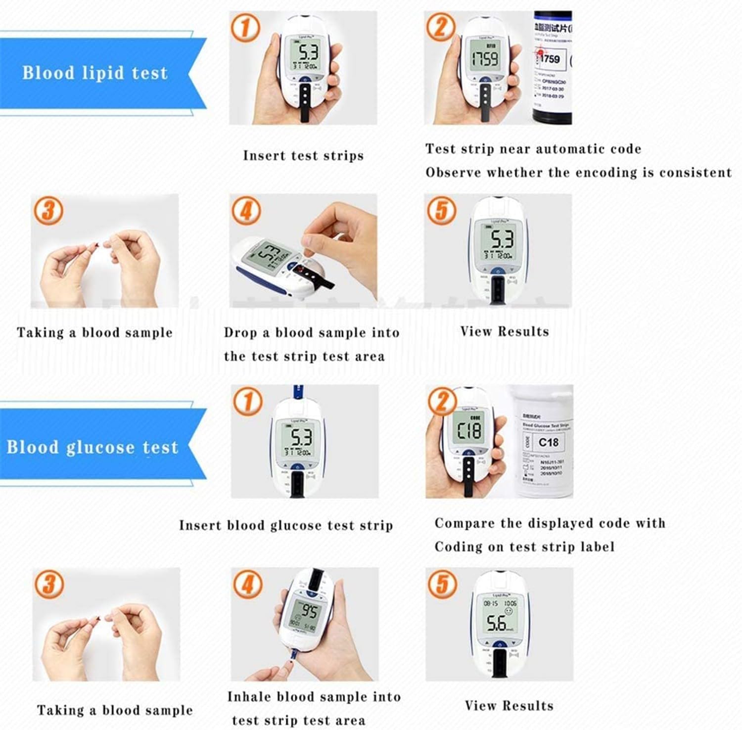 BLUEZY Misuratore di Glucosio nel Sangue 5-in-1 Kit di Test del Colesterolo Analizzatore di Analisi del Sangue Monitor di Emoglobina, misuratore colesterolo e trigliceridi