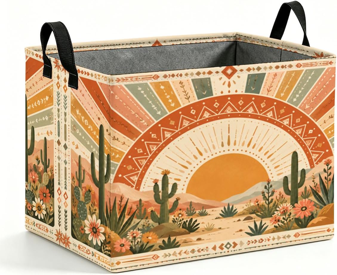 56L Storage Basket with Boho Desert Sunset Print Foldable Laundry Hamper