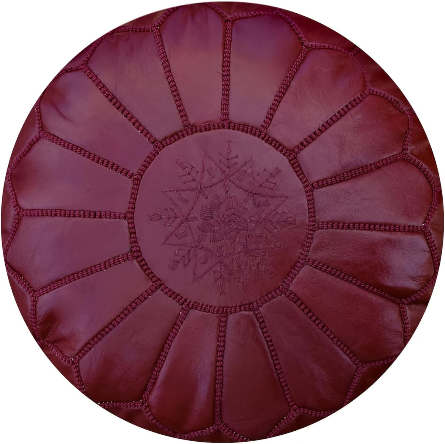 Handmade Moroccan Leather Ottoman – Decorative Pouf Cover – Boho Accent for Sofa, Bed or Lounge – Unique Artisan Home Décor (Dark Cherry)