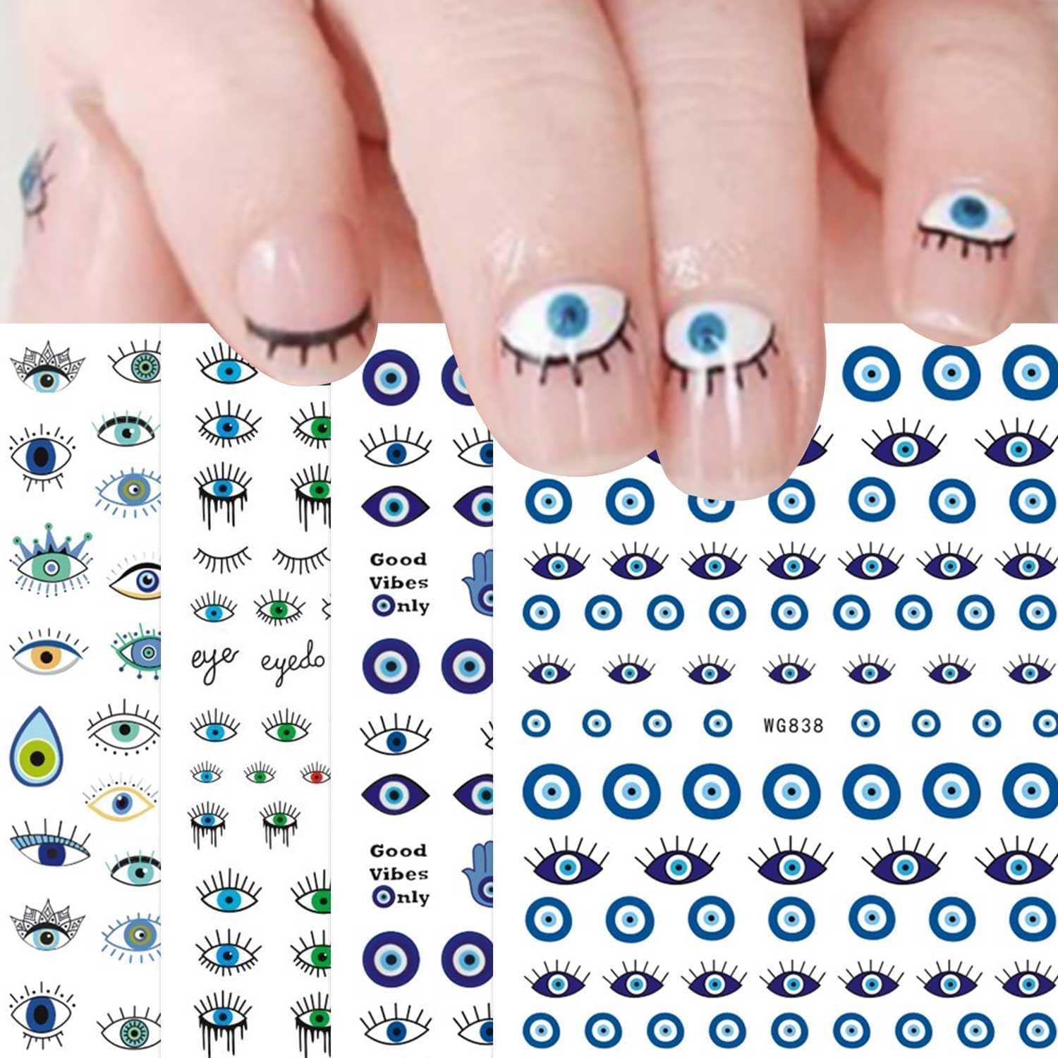 jmeowio Evil Eye Nail Art Stickers Decals 7 Sheets Self Adhesive Turkish Blue Eye Hamsa Hand Eye of Fatima Cartoon Design Manicure Tips Nail Decoration for Women Girls Gift