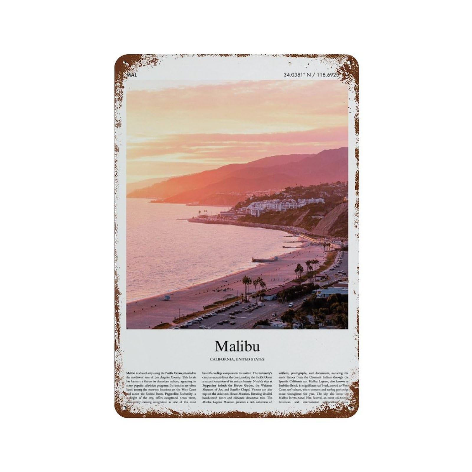 xiaoxiaoshen Malibu California, United States, USA City Scenery Wall Decor Art Metal Tin Poster Modern Home Decor Art Home Bar Shop Decorations Vintage Sign 30x20cm