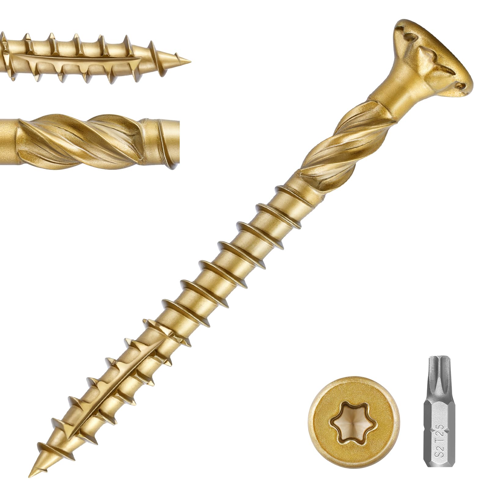 #9 x 2 in Multi-Purpose Wood Deck Screw for Interior and Exterior,Bugle Head,Golden Coated with T25 Bit Star Drive Torx for Furniture Building/Fence/Decking(5LBS,564Pcs)
