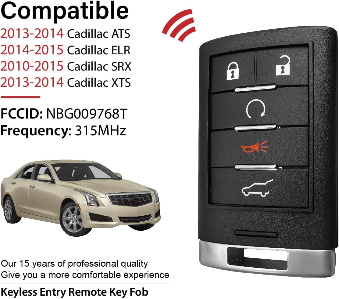 Replacement for 2012 2013 2014 2015 Cadillac ATS ELR SRX XTS Key Fob Remote Control NBG009768T 5 Buttons 315MHz - 2 Pack