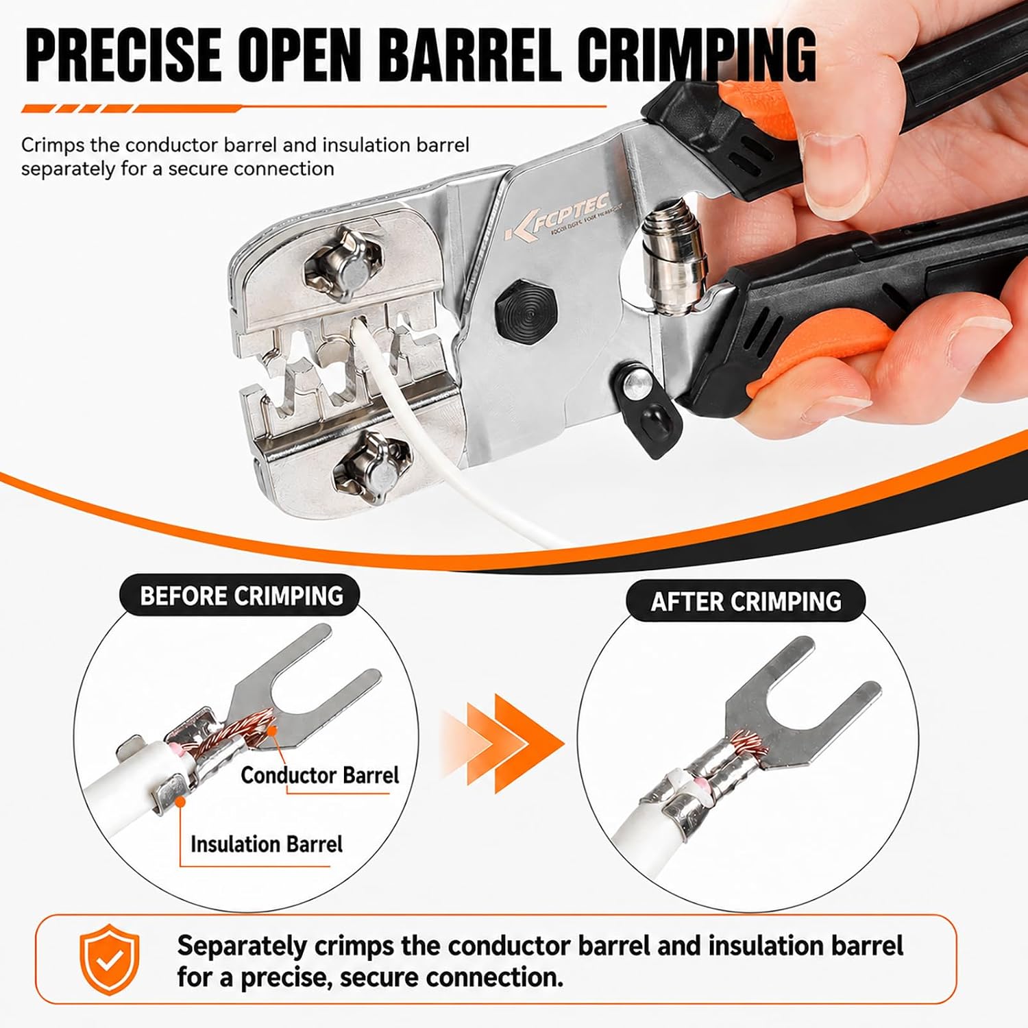 KF CPTEC Open Barrel Crimping Tool, 18-10 AWG / 0.8-4.7 mm² Wire Crimper with 4-in-1 Quick-Change Dies for Non-Insulated Terminals, Bullet & Spade Connectors, Automotive Wiring and DIY Electrical Work