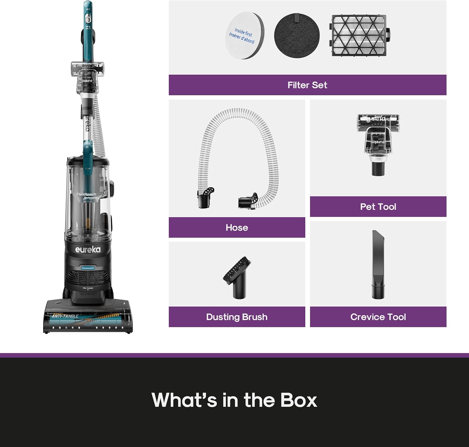 Woman using Eureka FlexReach Plus vacuum with its long 30ft power cord and extended hose for whole-home cleaning.