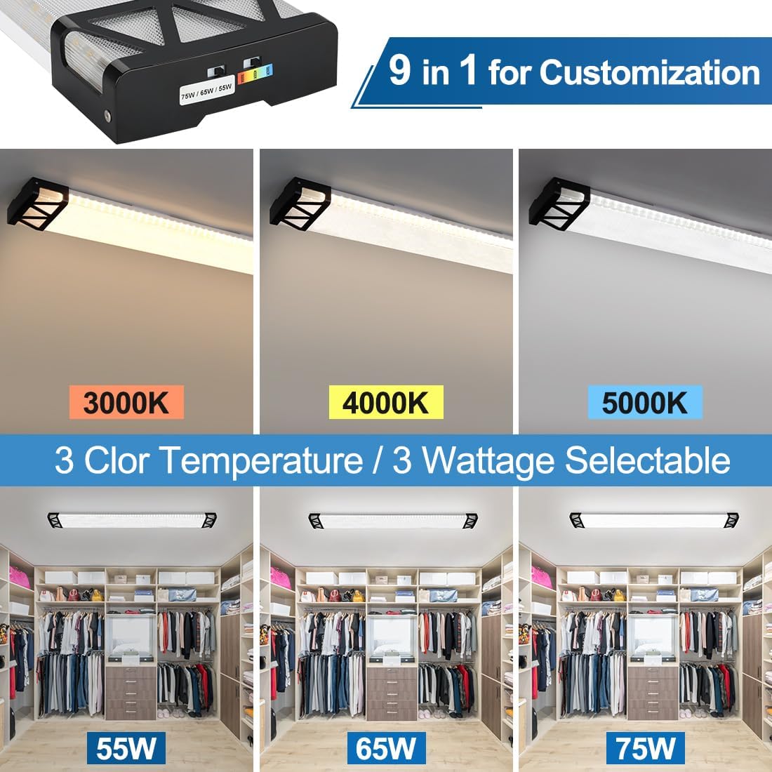 DAKASON 4FT LED Light Fixture for Kitchen Ceiling with Night Lighting, 48inch Wraparound for Laundry 75/65/55W 3/4/5000K Selectable, 4' Shop Light Replacing Fluorescent Tube 1Pack