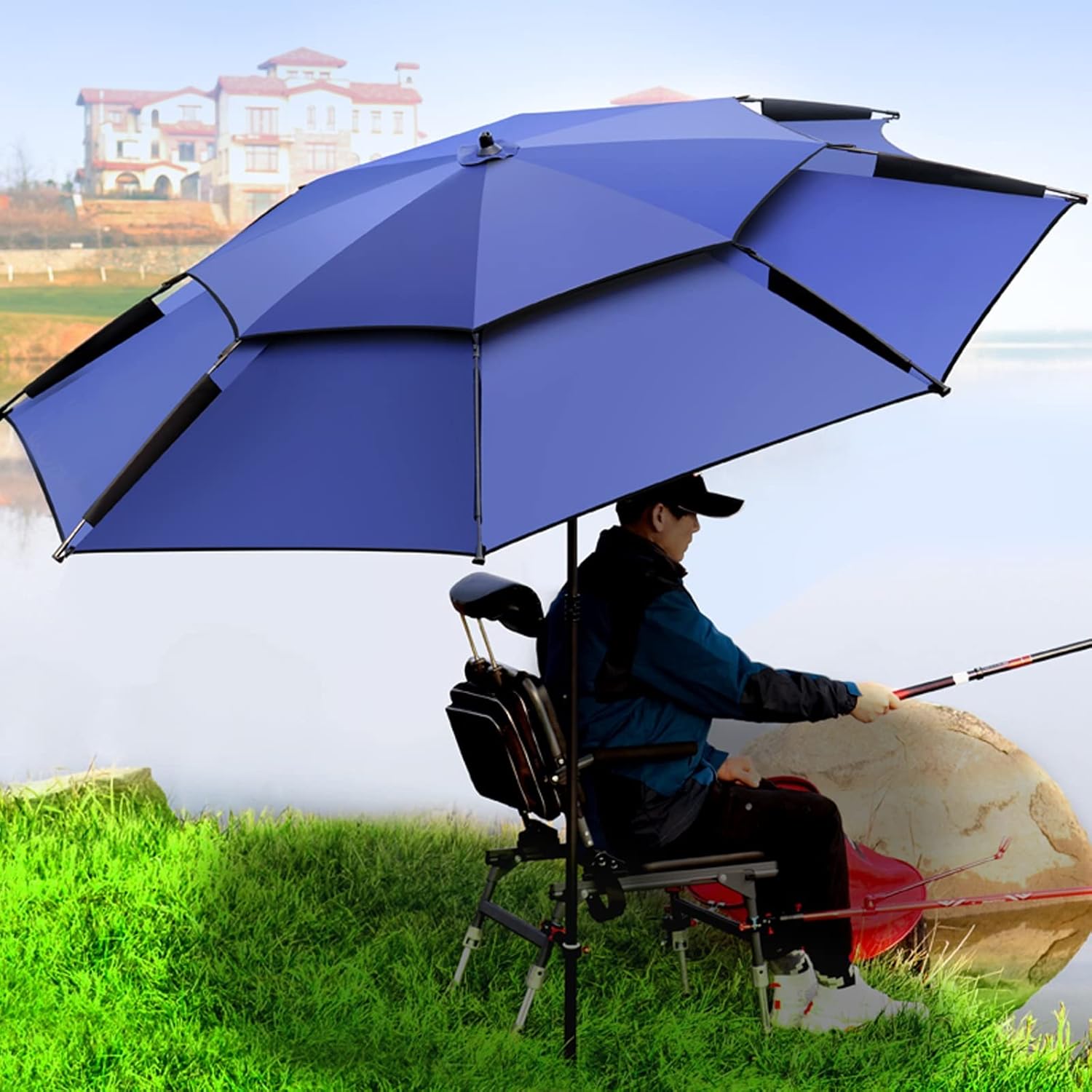 LSLYTQ Fishing Umbrella, Sun Protection Windproof Sunscreen Ventilation Umbrellas, 360° Rotation, Waterproof Rain Umbrella, with Tilt, Patio, Beach Lawn & Garden, Outdoor Sun Shade good