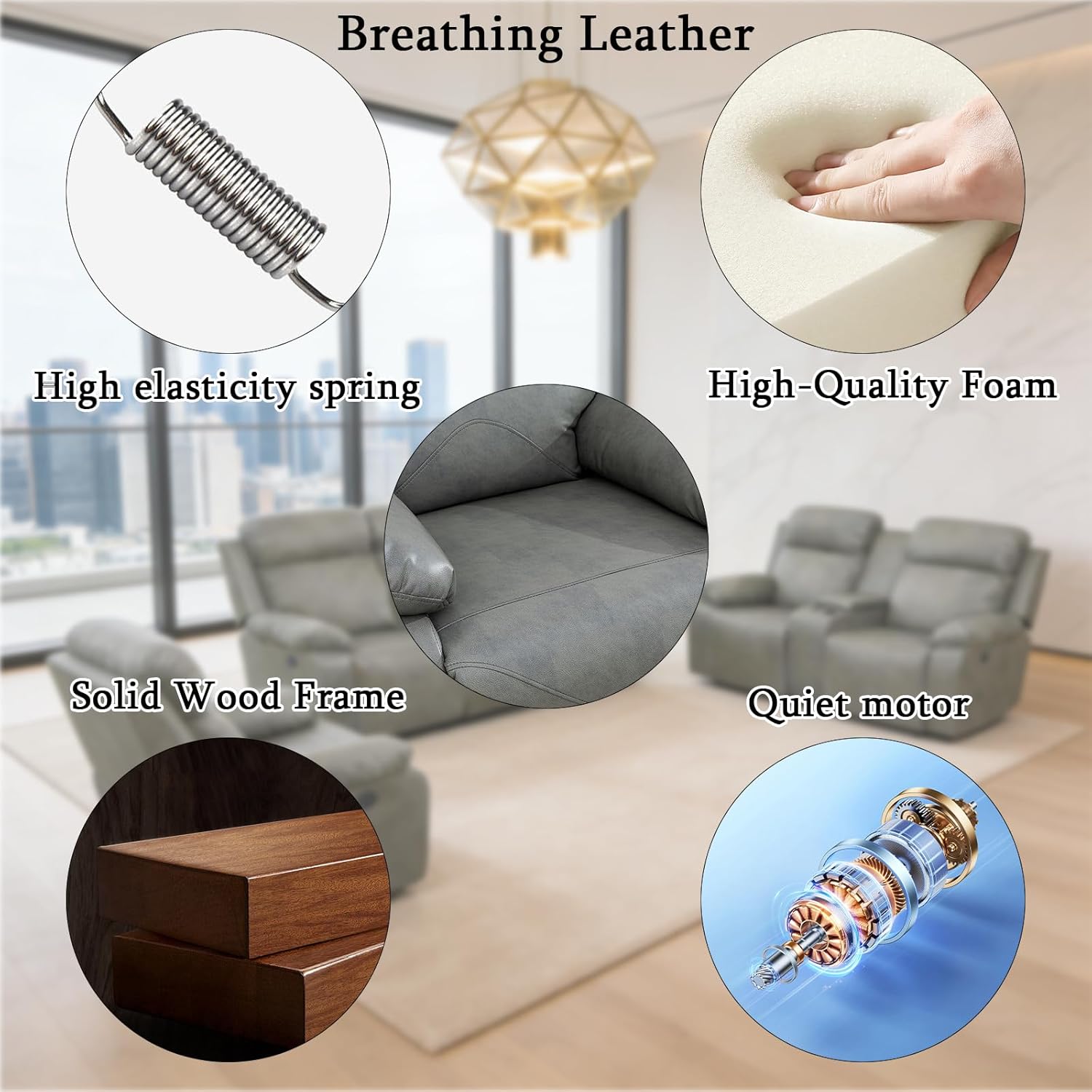 2 Piece Leather Power Recliner Sofa Set with USB Ports,LED Ambient Lighting & Storage Console, Modern Ergonomic Sectional Couch for Living Room,Home Theater Seating (Loveseat+Sofa,Grey) | USB ports, LED ambient lighting, a drop-down console, Storage Compartment, Cup Holders