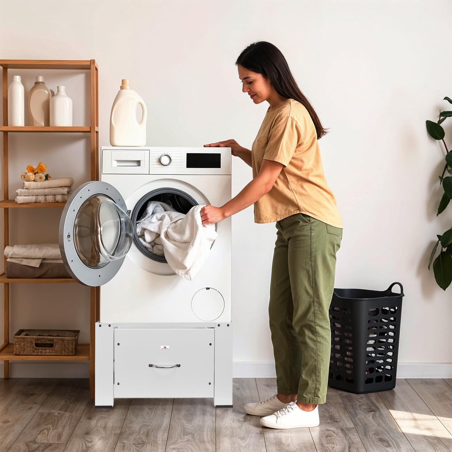 Maclean MC-117 W Waschtrocknersockel mit Schublade Weiß | Sockel für Waschmaschine & Trockner | Stahl Konstruktion 150 kg Tragkraft | Ergonomisch, Rutschfest, Stauraum, Modernes Design
