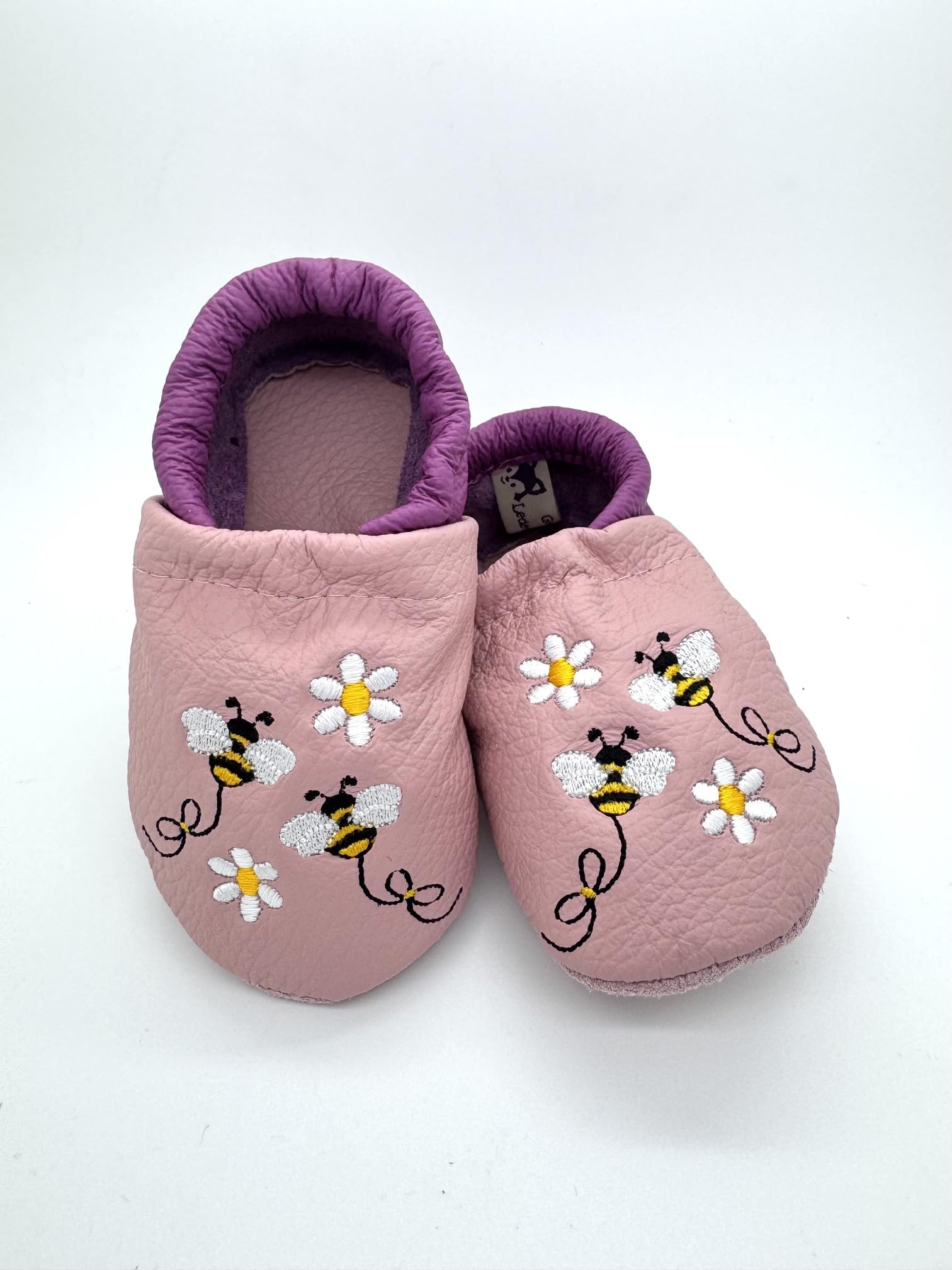 Generisch Personalisierte Krabbelschuhe Lederpuschen mit Bienen und Blüten | Altrosa/Magenta | Lauflernschuhe Baby | Handgemacht in Paderborn | Geschenk
