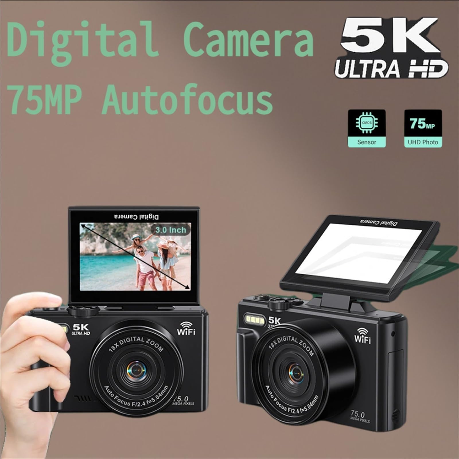 Kamera wideo, Cyfrowy aparat fotograficzny 5K do fotografii, aparat do vlogowania 75 MP, ekran odchylany o 180° 3 cale, punkt zoomu cyfrowego 18X, nagrywaj Camara 32 GB(WD08 White)