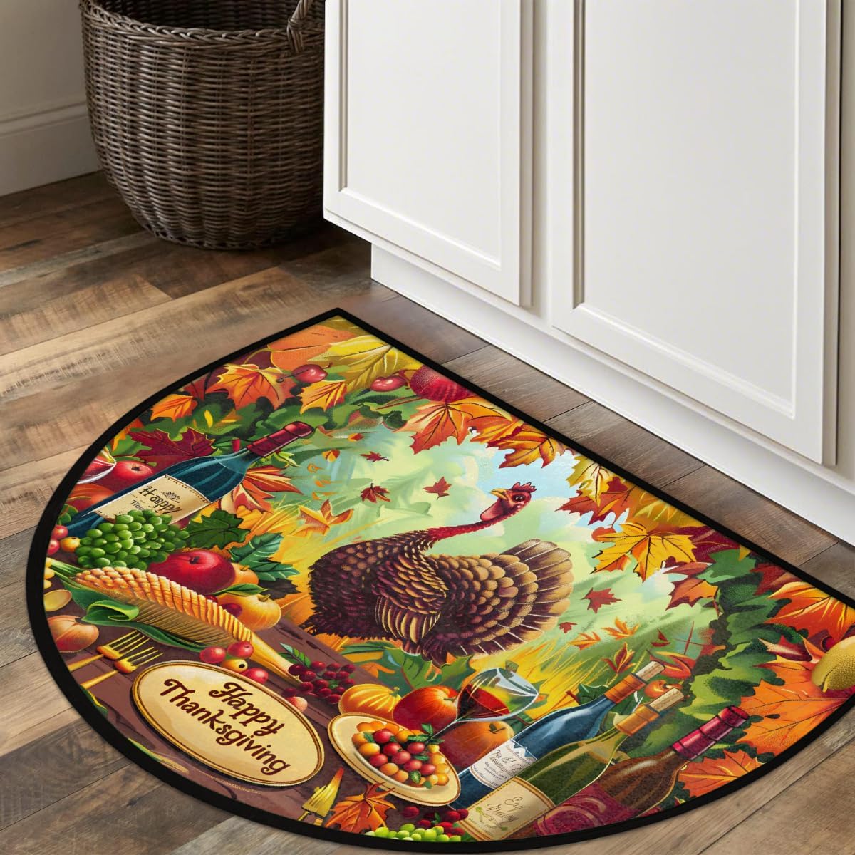 Half Round Door Mat Turkey Art Thanksgiving Non-Slip Soft Semi Circle Rug Washable Half Moon Welcome Entrance Doormat for Outdoor Indoor Floor Bedroom Bathroom Home Kitchen Festival Decor Gift