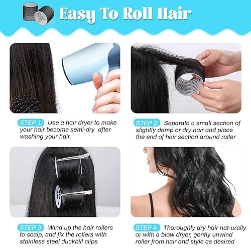 Miniatura 3 de Rulos para el cabello Jumbo, 12 piezas de rulos para el cabello con autoagarre y 12 clips de pico de pato de acero inoxidable para volumen de