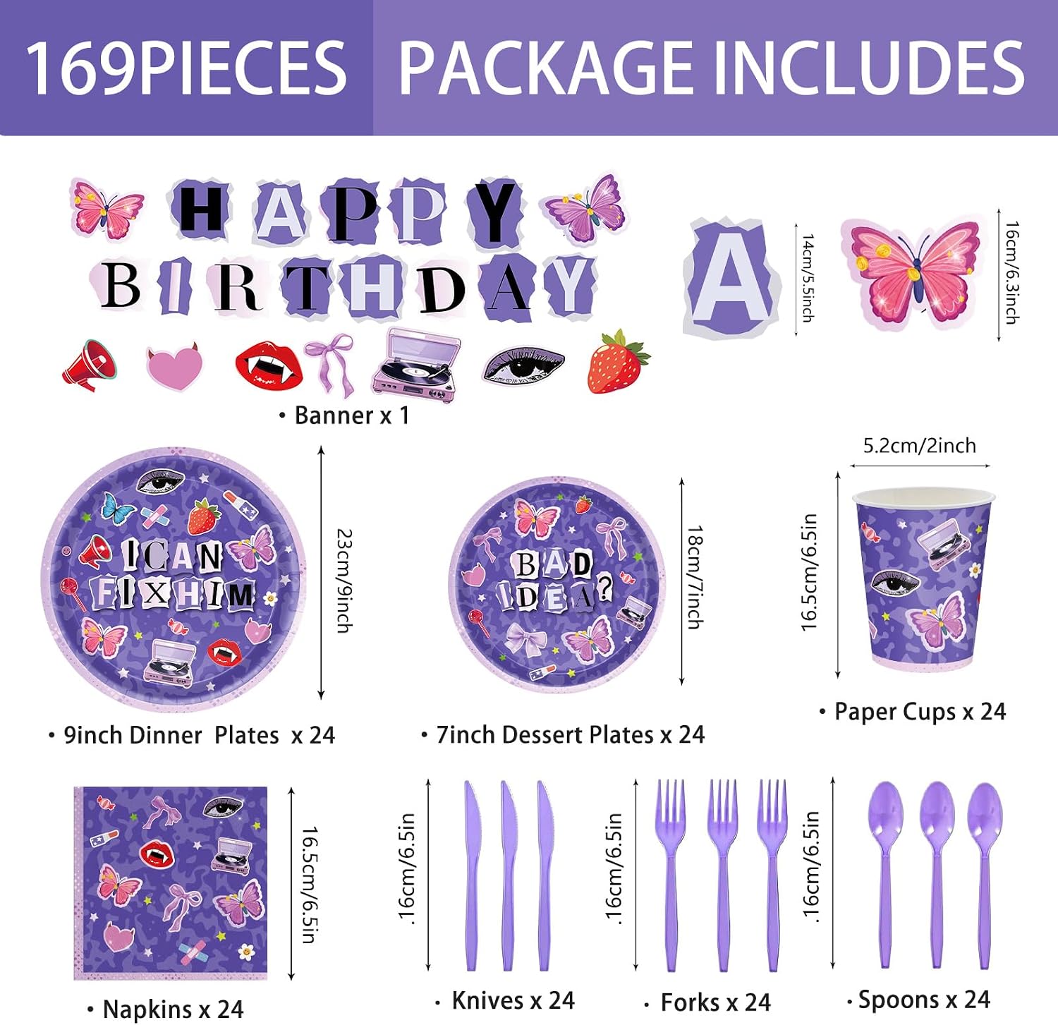 169Pcs Purple Music Birthday Decorations Pop Star Party Decorations Purple Birthday Plates Napkins Cups Banner Cutlery, Purple Party Supplies, Serves 24