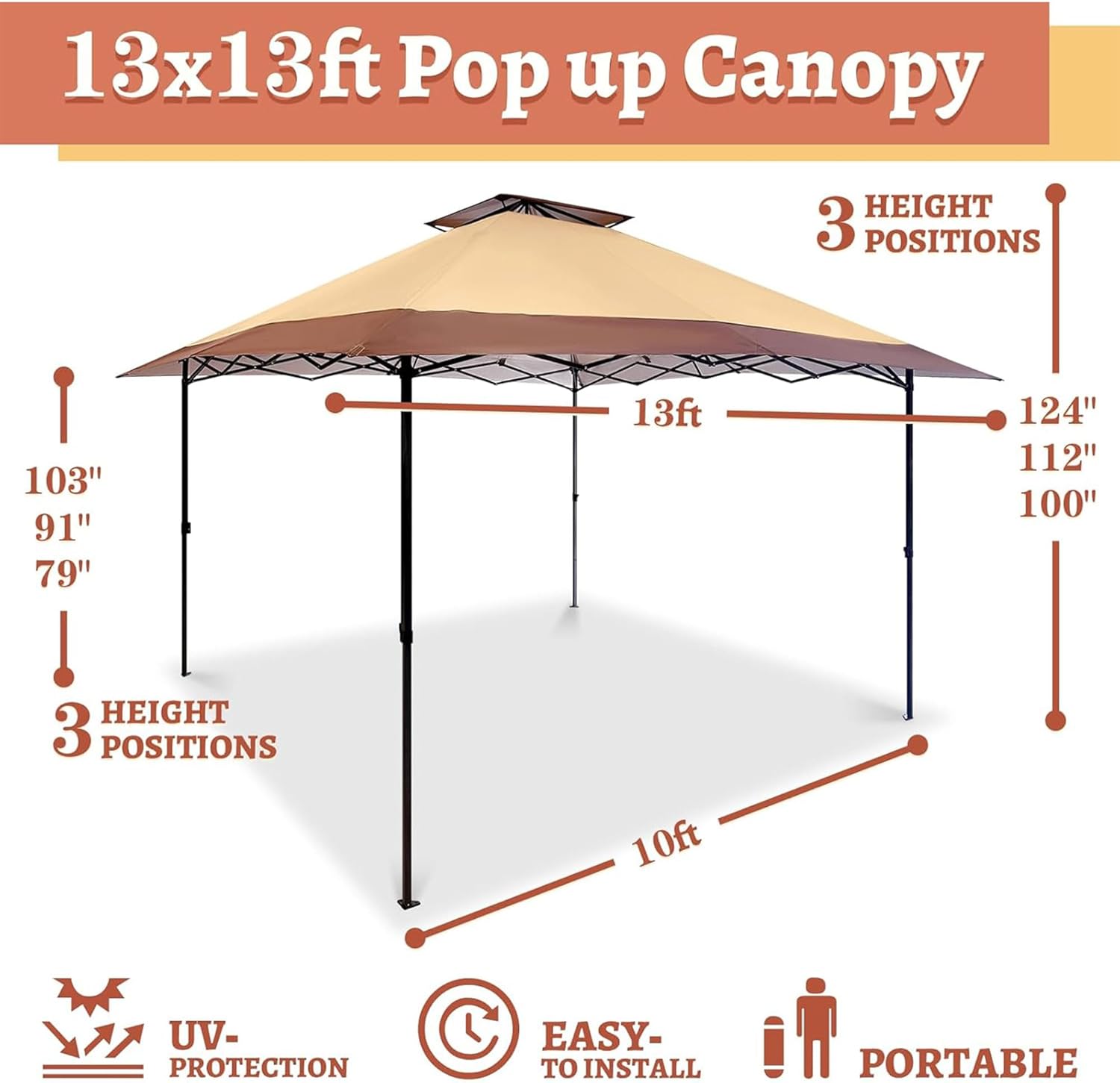 Suntime 13 x 13 Foot Instant Pop Up Canopy Portable Commercial Gazebo Tent with Alloy Steel Construction for Outdoor Backyards, Khaki