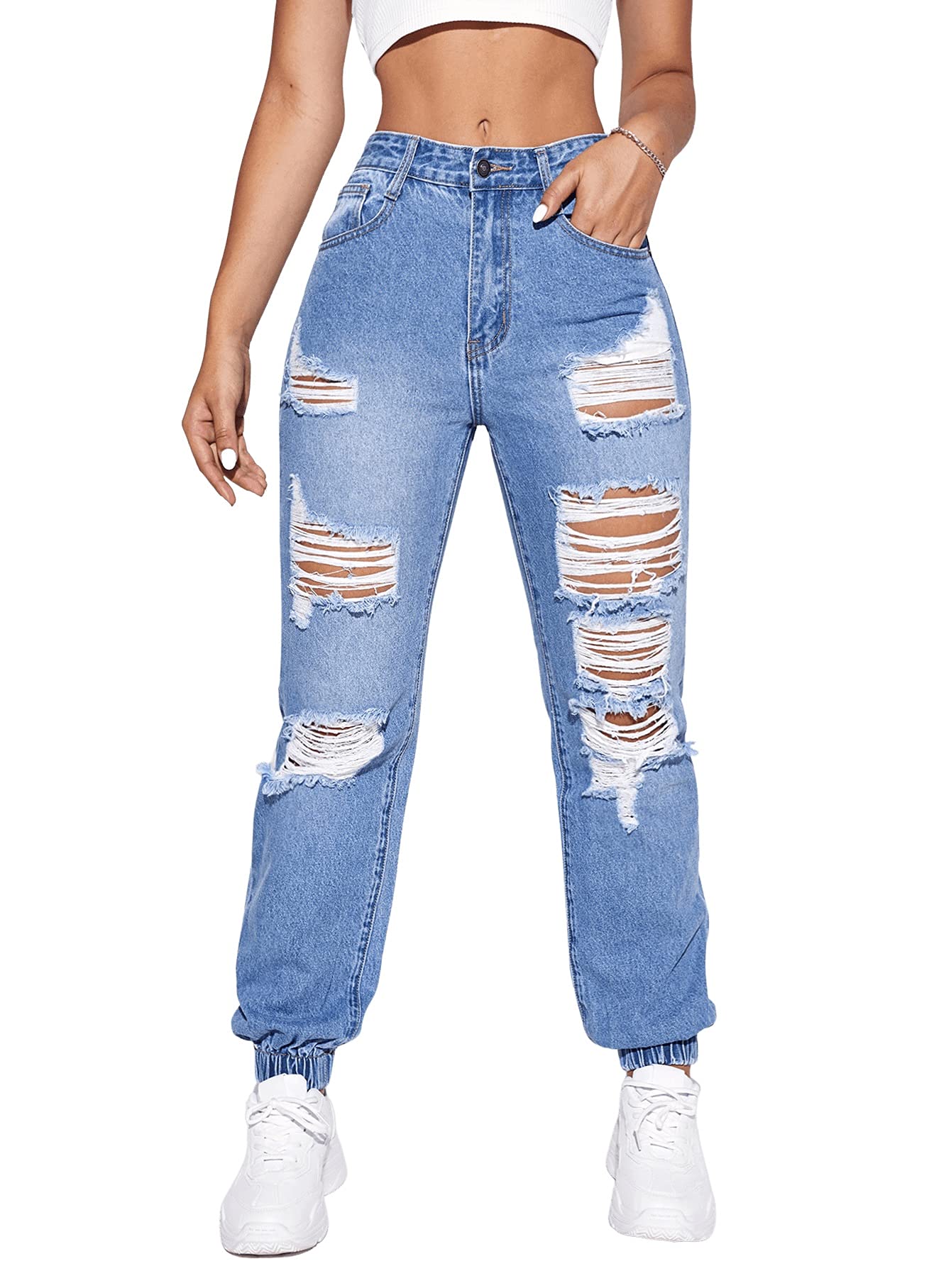 SweatyRocks Women's Ripped Boyfriend Jeans Distressed Denim Ankle Length Jeans