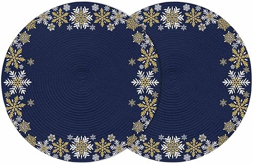 Miniatura 17 de Christams Round Placemats Set of 6 Snowflake Table Mats for Dining Table Decor Gold Black Round Braided Placemats Heat Resistant Washable Woven