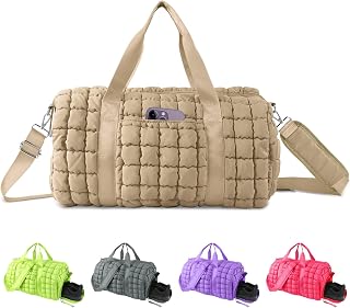 Quilted Travel Duffle Bag Gym Bag for Women,Large Puffer Duffle Weekender Bag with Compartment,Workout Overnight Carry on Organizer Bag Duffle Bag for Airplane Travel(L-Khaki)