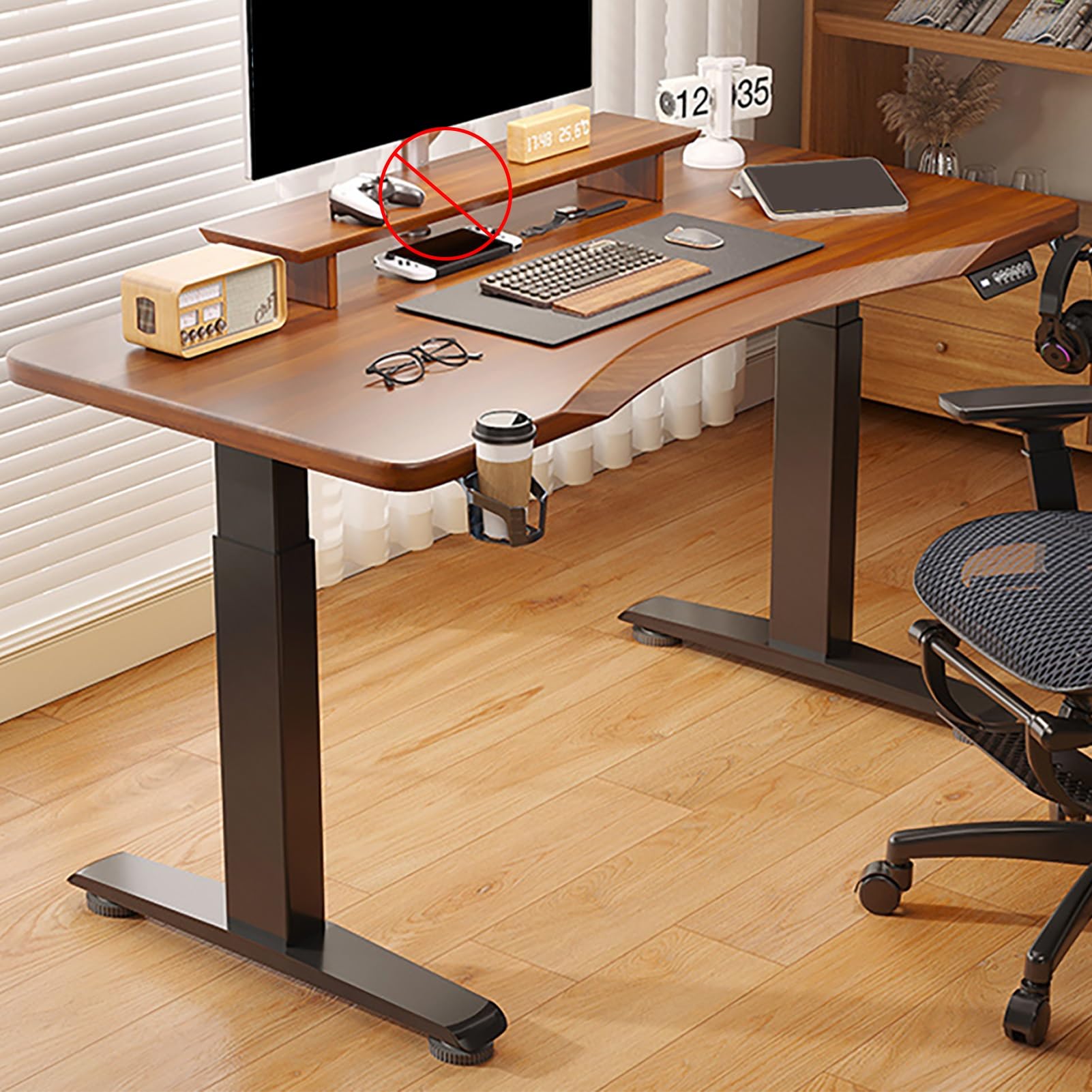 MYUYEE Standing Desk Adjustable, Anti-Collision Silent Sit Stand Desk, Ergonomic Height Adjustable Stand Up Desk, Gaming Table With Headphone Hook And Cup Holder (140X60Cm)