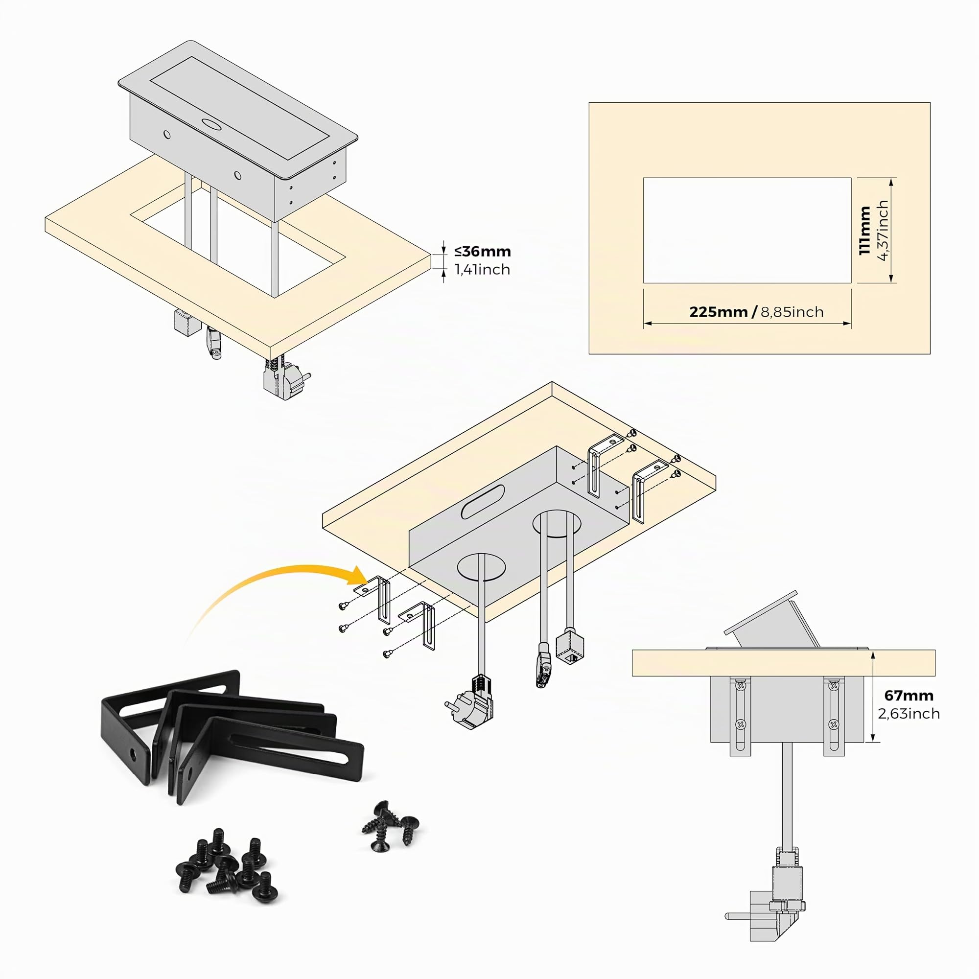 Emuca - Regletas Enchufe, Regleta multienchufe retráctil para empotrar en la Mesa, Base de enchufes multiconector (Enchufe EU Tipo F, USB A+C, RJ45 y HDMI), 265x120mm, Negro