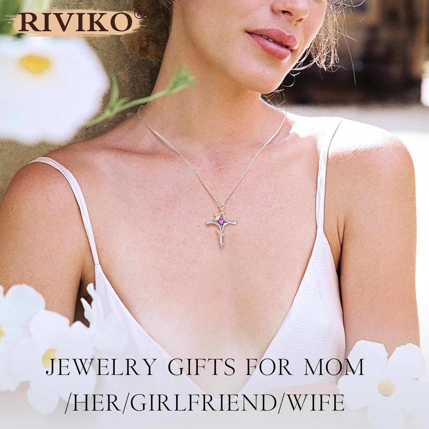 RIVIKO Rose Flower Cross Necklace for Women,925 Sterling Silver Birthstone Necklaces Heart Pendant,Cross Jewelry Anniversary Birthday Gifts for Women Wife Mom Lady - Image 4