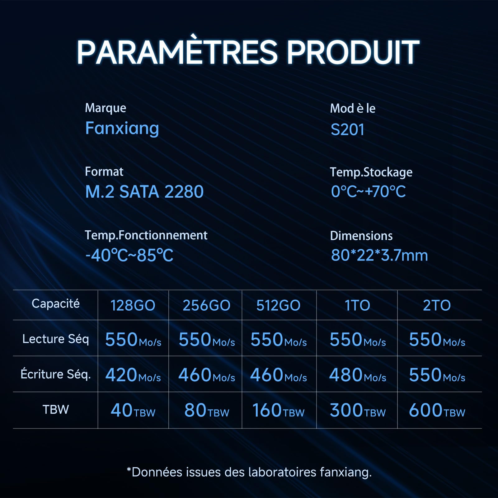 fanxiang S201 SSD M.2 SATA 128Go, M2 2280 SATA III 6 Go/s, Jusqu'à 550 Mo/s Lecture, 420 Mo/s Écriture, Cache SLC, 3D NAND, Disque Dur Interne Compatible PC Portable & Desktop (M.2 SATA, 128GB)