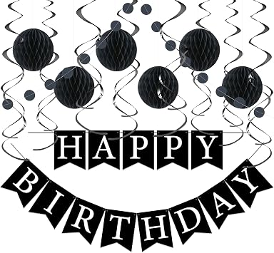 Black Birthday Decorations Kit - Banner & Hanging Decor Set