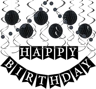 Black Birthday Decorations Kit - 16-Piece Set with Pre-Strung Happy Birthday Banner, Honeycomb Balls, Garland & Swirls | Black Theme Party Supplies for Men Women Girls Kids, Teens Adults