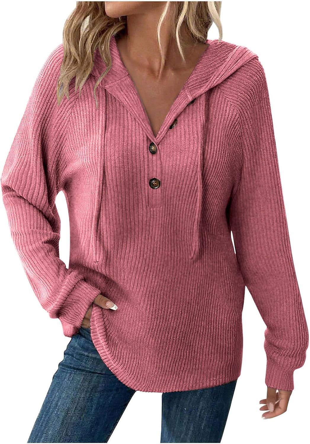 Womens Oversized Long Sleeve Shirts Hooded Ribbed Knit Tunic Tops Button V Neck Hoodies Casual Fall Outfits Outfits