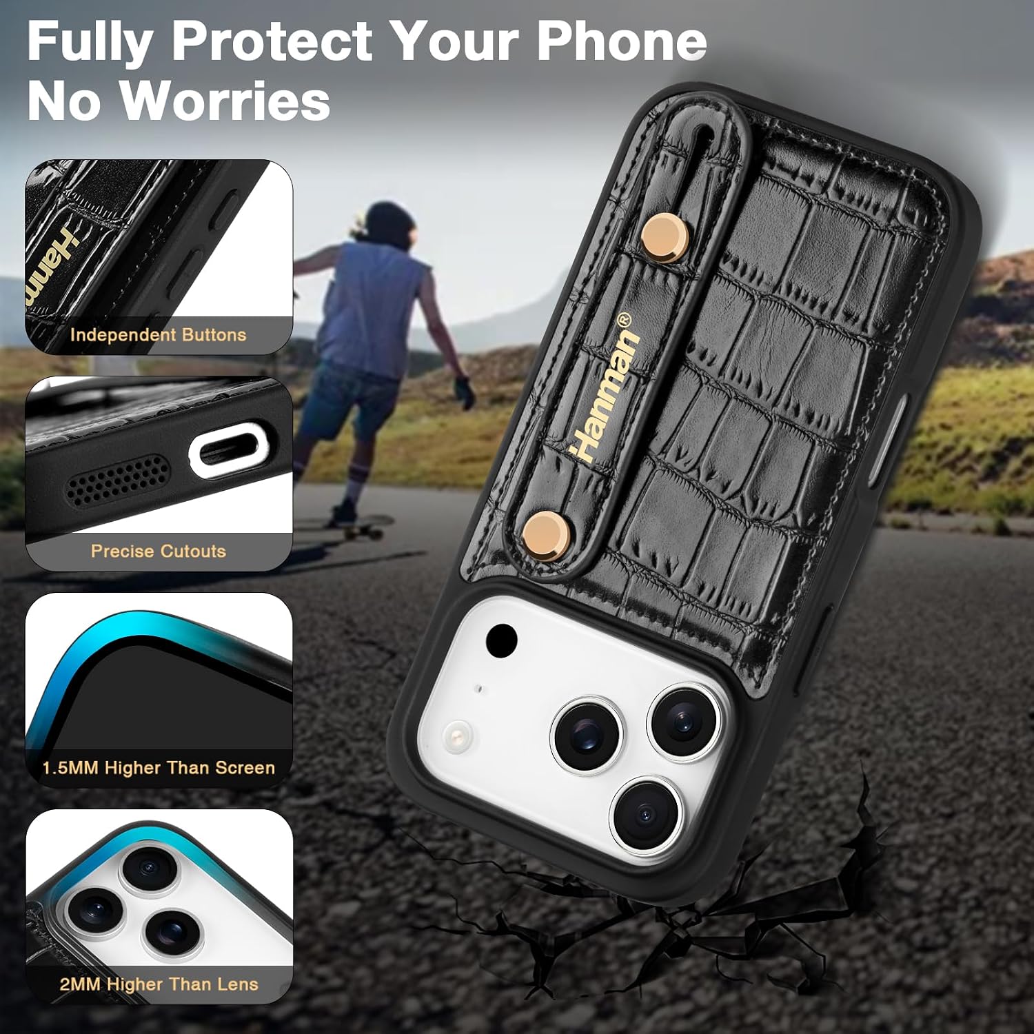 Hanman for iPhone 17 Pro Leather Case with Adjustable Wristband Strap Kickstand,Hand Strap Leather Case for iPhone 17 Pro,Crocodile Pattern HandStrap Kickstand Cover-Black