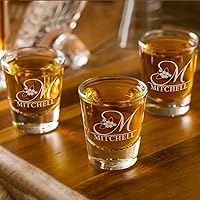 Vista 6 de Vasos de chupito personalizados elaborados con nombre de círculo de 2 onzas, parte inferior negra con texto personalizado para regalos, bodas