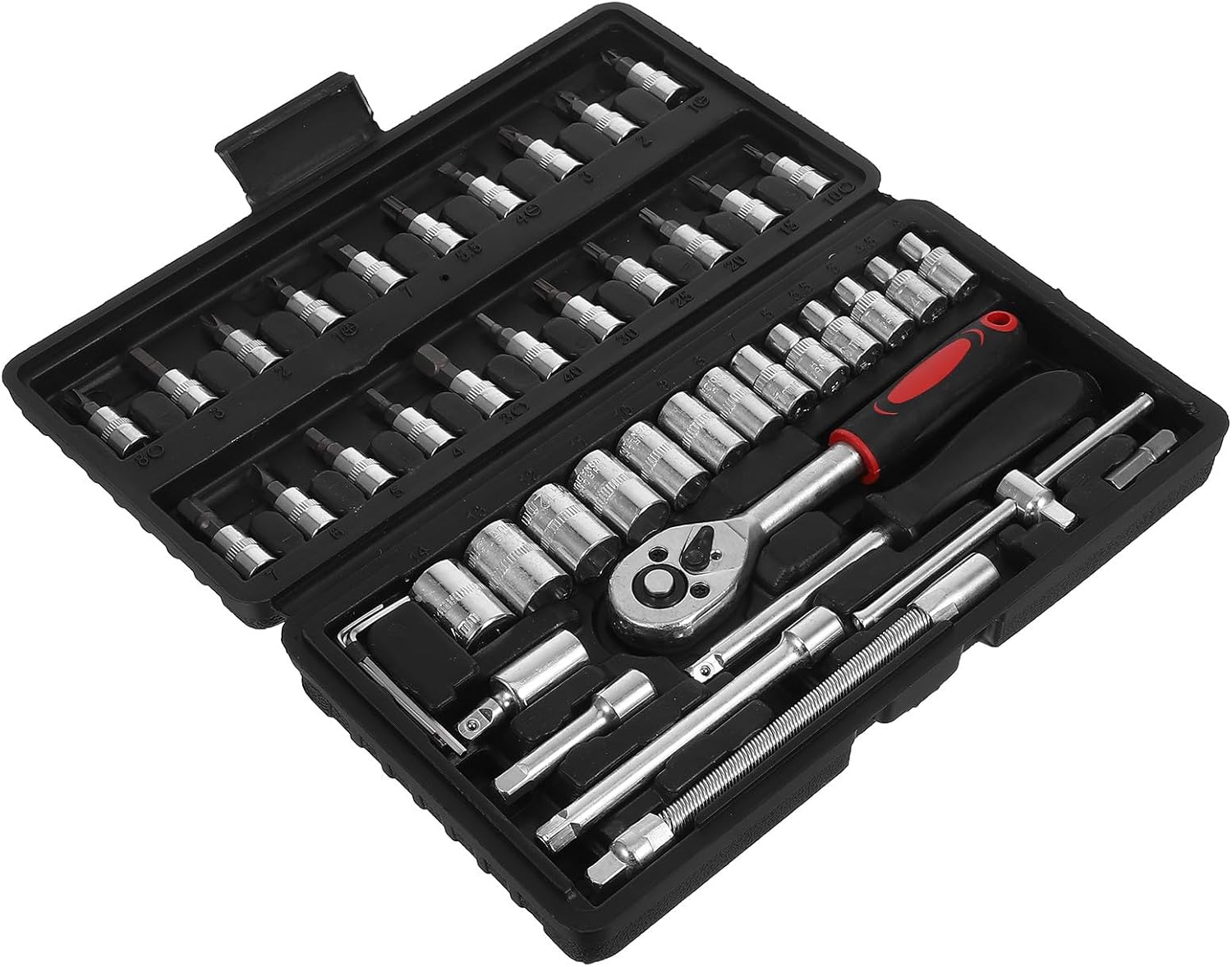 46pcs Ratchet Wrench Set with Socket and Screwdriver Bits for Car Repair and Household Use, Mechanic Tool Kit in Black Storage Case