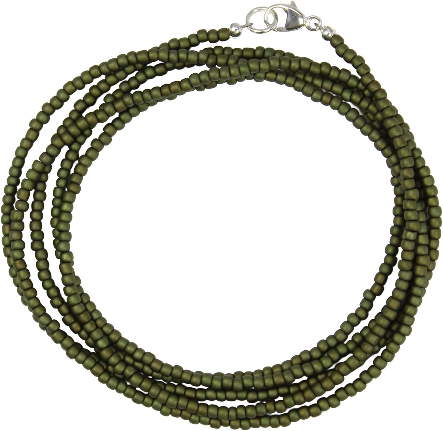 Handmade Olive Green Seed Bead Necklace, Thin 1.5mm Single Strand Green Beaded Necklace