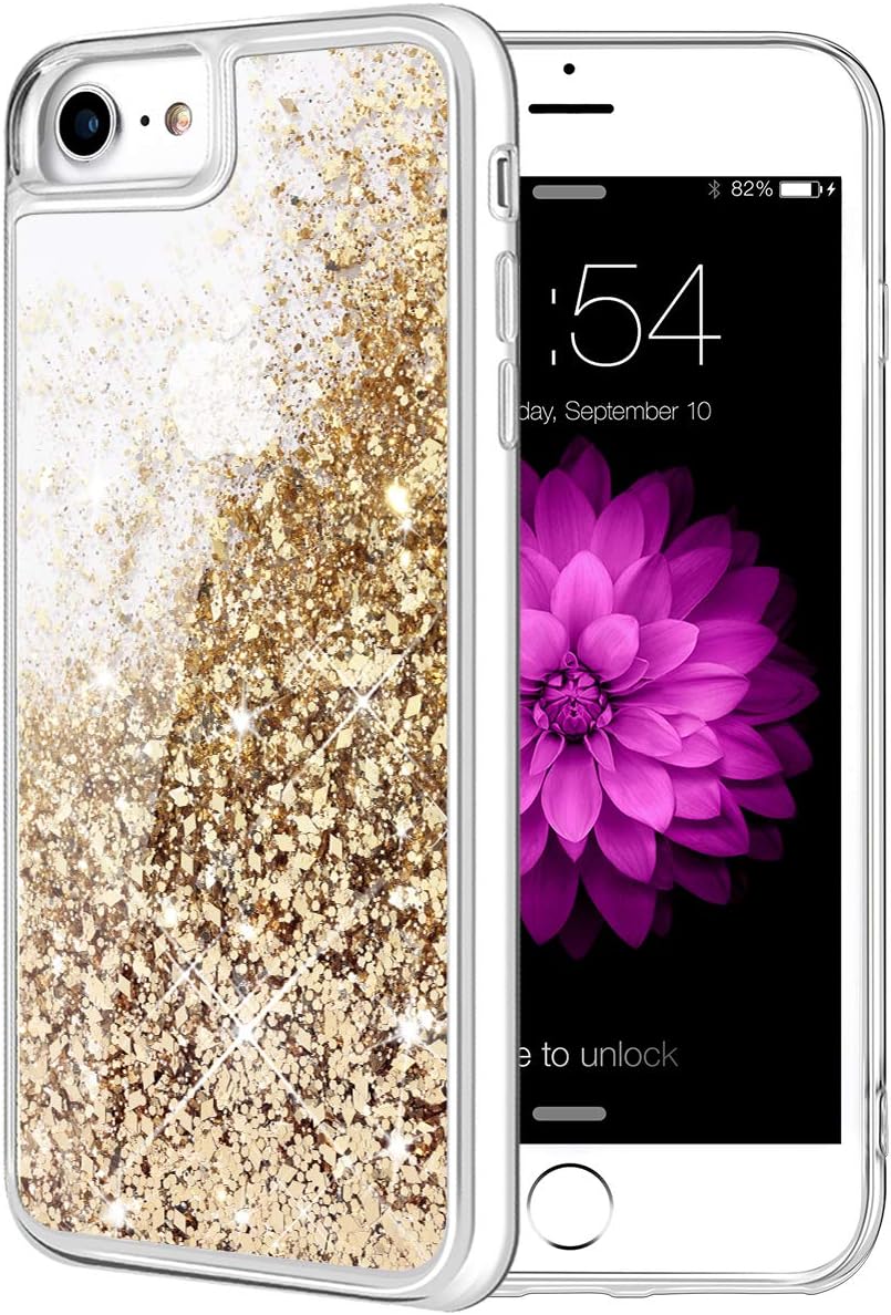 Caka Case Compatible for iPhone 8 Case, iPhone SE 2020 Case Glitter Bling for Women Girls Case Sparkle Flowing Liquid Phone Case for iPhone 7 8 SE 2020 2022 (4.7 inch) (Gold)